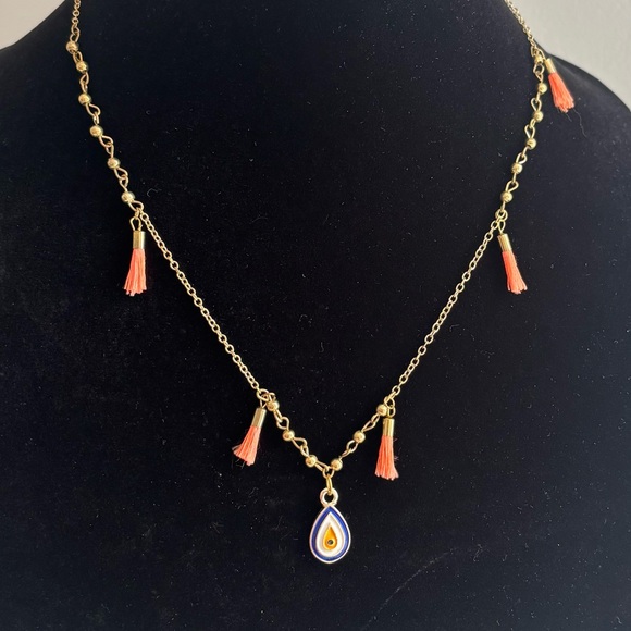 Jewelry - Gold Tassel Necklace with Orange Teardrop Pendant